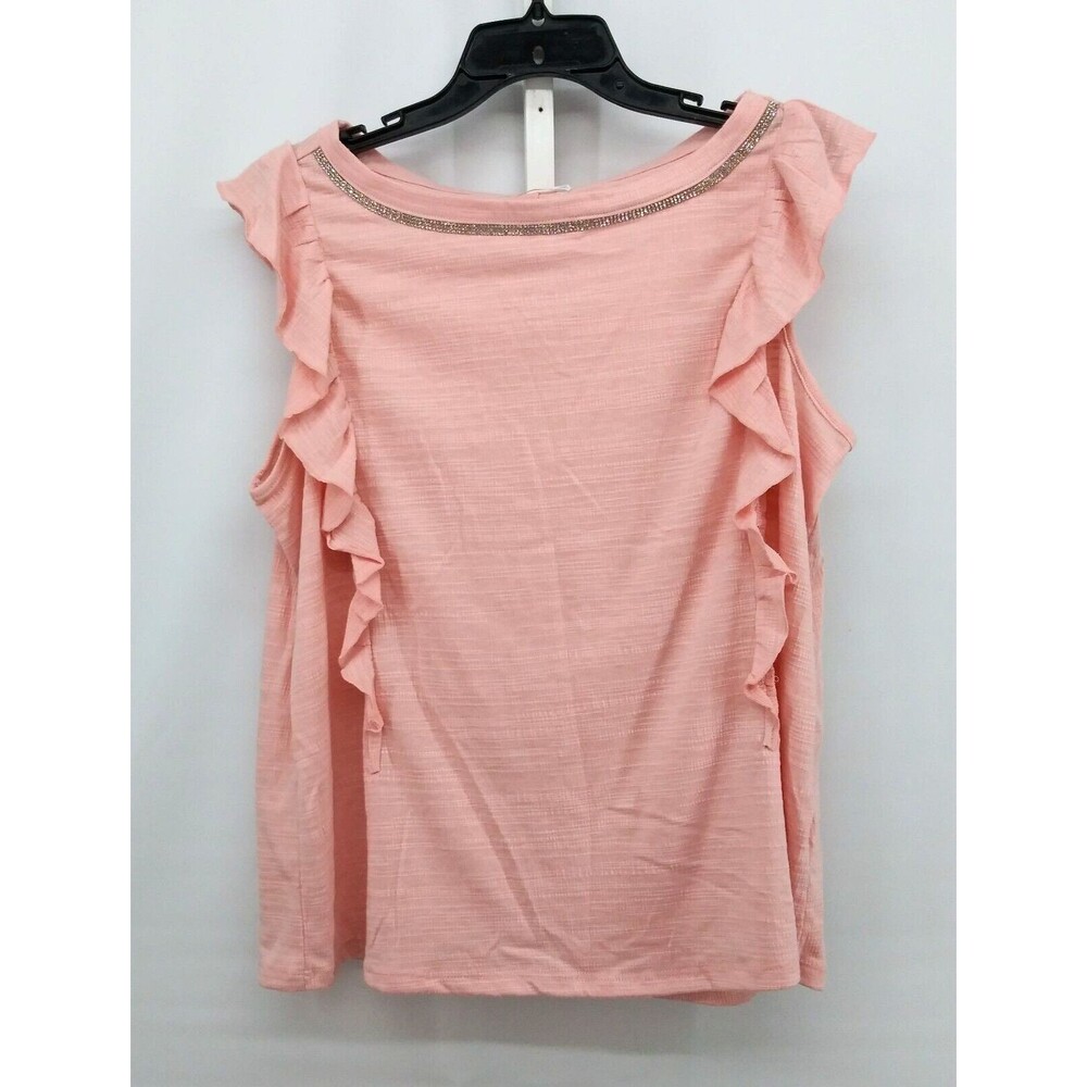 Retrology Top Women's Size Large Peach Blouse Pullover Beaded Collar Accent